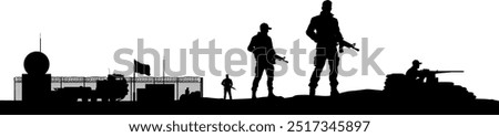 Vector silhouettes - Soldiers in front of a camp - Radar station military - Radar station for air surveillance - Deployment and security