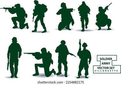vector silhouettes of soldiers group 1 team various styles holding weapons, preparing for battle, green clothes isolated on white background