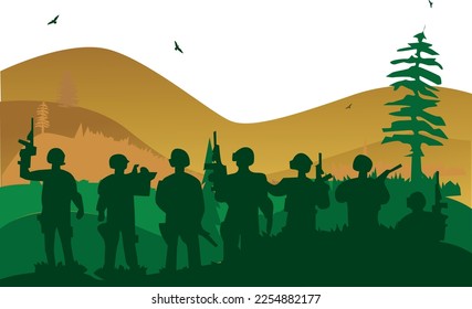vector silhouettes of soldiers group 1 team various styles holding weapons, preparing for battle, green clothes isolated on white background