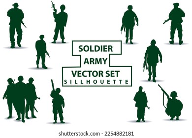 vector silhouettes of soldiers group 1 team various styles holding weapons, preparing for battle, green clothes isolated on white background