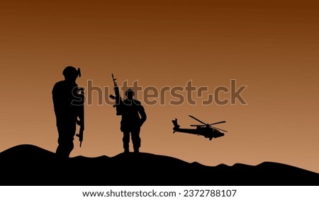 Vector silhouettes - soldiers with lifting screws in the mountains
