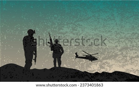 Vector silhouettes - soldiers with lifting screws in the mountains