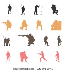 Vector silhouettes of soldiers troops of special purpose armed military the soldier is on guard