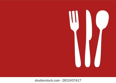 Vector silhouettes of spoons, forks and knives on a red background with a copy space