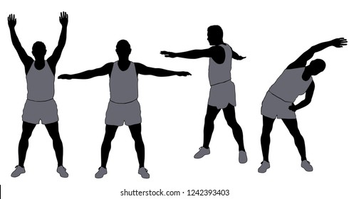 Vector silhouettes of sportive man in costume stretching and worming up, workout it progress. Fitness boy icons isolated on white background.
