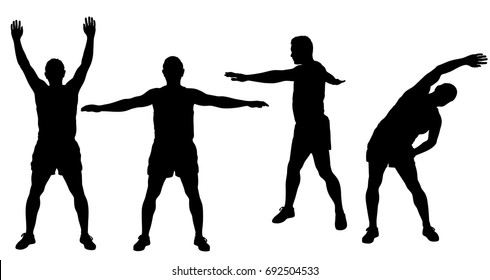 Vector silhouettes of sportive man stretching and worming up, workout it progress. Fitness boy icons isolated on white background.