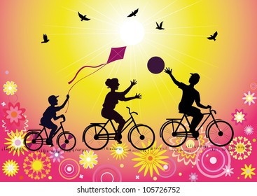 Vector silhouettes sports family with a child on the bike during the game on the decorative background.