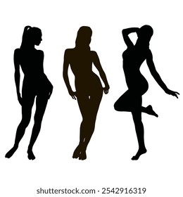 Siluetas de Vector de mujeres de pie en diferentes poses. Ilustración de la muchacha hermosa aislada en el fondo blanco.