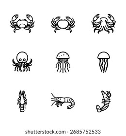 Vector silhouettes of starfish in various forms, black and white, simple line art style