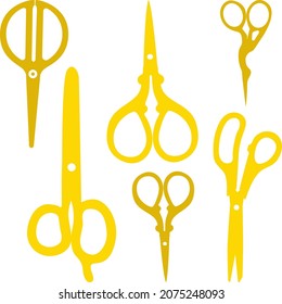 Vector silhouettes of stationery scissors, cutting and needlepoint scissors in shades of yellow.