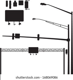 Vector silhouettes of street lights, highway signs and traffic lights. It's easy to mix and match lights to make your own unique configurations.