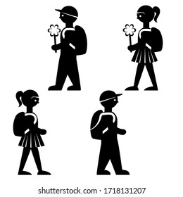Vector silhouettes of stylized figures of a boy and a girl going to school with flowers and with a briefcase a satchel, a backpack. Icons of children of schoolchildren first graders, back to school.