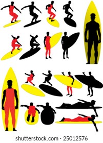 Vector Silhouettes of surfers. Color and black versions.