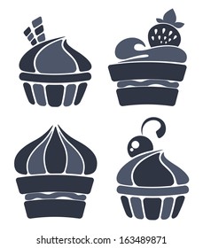 vector silhouettes of sweet and funny cartoon cupcakes