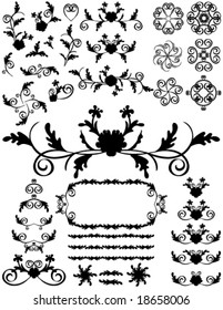 Vector Silhouettes swirling foliage designs. Black on a white background.