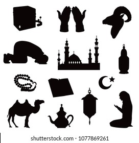 Vector silhouettes of symbols of an Islamic community mosques, praying people, Kaaba and Koran, rosary, ram's head and camel isolated on white background.