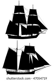 vector silhouettes of the tall ships of XVIII  century  isolated on white