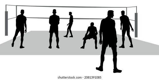 Vector silhouettes of a team of volleyball players during the game. Six people stand in front of a volleyball net. View of people from the back. Athletic tall young men, workout