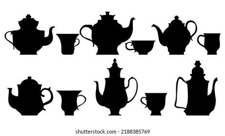 siluetas vectoriales de tetera y tazas de té, conjunto de utensilios de cocina de dibujo, ilustración dibujada a mano