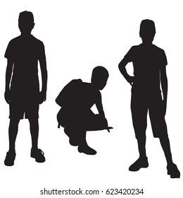 Vector silhouettes of a teenager in different poses, standing and sitting, black color, isolated on white background