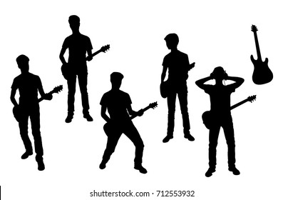Vector silhouettes of teenagers playing music on the guitar and sing, standing, black color, isolated on white background