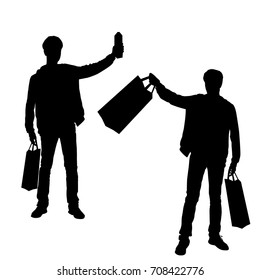Vector silhouettes teenagers, standing with shopping bags, black color, isolated on white background