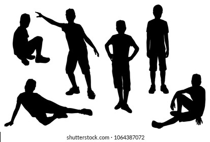 Vector silhouettes of teenagers  standing and sitting,  people, group, black color, isolated on white background