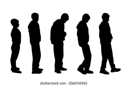 Vector silhouettes of teenagers standing and walking, profile, black color, isolated on white background