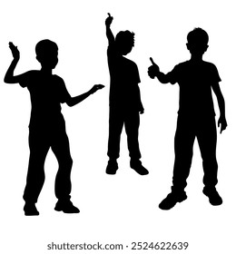 Vector silhouettes of three children, two boys and a girl, primary school students. Hand raised up, gesture of approval and agreement.