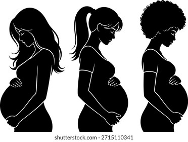 Siluetas de Vector de tres mujeres embarazadas de perfil, sosteniendo sus vientres. Concepto de maternidad, diversidad, cuidado prenatal y expectativa