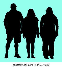 Vector silhouettes of three full people of different proportions in sportswear on vacation. A woman in sunglasses, a man in a baseball cap.