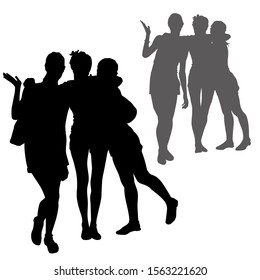 Vector silhouettes of three girlfriends. 3 young, slender women posing hugging each other. Girls in shorts, theme of travel, tourism, female friendship, vacation.