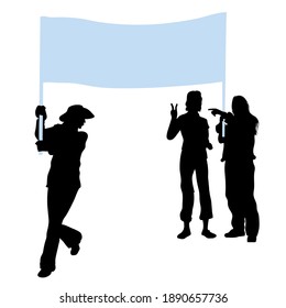 Vector silhouettes of three girls. The woman raised her hand with the 2 fingers letter V, a sign of victory! Two tall slender girls are carrying a banner, a youth demonstration, a meeting.