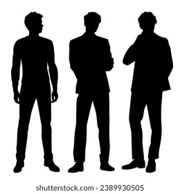 Siluetas vectoriales de tres hombres de pie, perfil, gente de negocios, color negro, aislados en fondo blanco