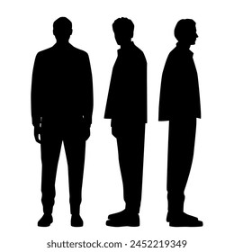 Siluetas de Vector de tres hombres de pie, perfil, gente de negocios, color negro, aislado sobre fondo blanco