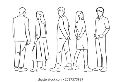 Vector silhouettes of  three men and two women, group of standing  business people, profile, hand draw, linear sketch, black and white color, isolated on white background