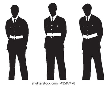 Vector silhouettes of three military persons, standing with their hands behind their backs, at a ceremony or parade.