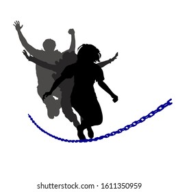 Vector Silhouettes Of Three People, 2 Girls And A Guy Jumping Over An Obstacle. Concept: Overcoming Obstacles, Teamwork, Together Strength. Silhouettes Isolated From Each Other.