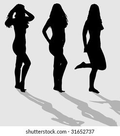Vector silhouettes of three sexy female on gray background with shadows.
