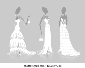 Vector Silhouettes of Three Women Wearing Wedding Dresses.