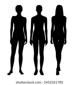Vector silhouettes of a three young attractive slender women, standing, walking, black color, isolated on a white background