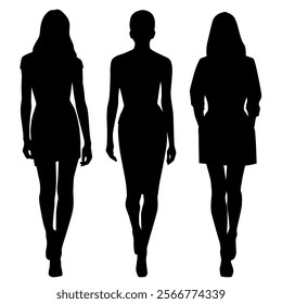 Vector silhouettes of three young attractive slim women in dresses, walking, front view, black color, isolated on white background