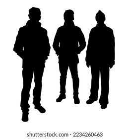 Vector silhouettes of three young people in warm winter clothes, stand tall, straight two men and one woman isolated on a white background