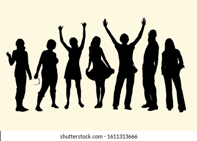 Vector silhouettes of tourists standing in a row, a group of 7 people of different ages, gender and height. The concept of positive, holiday, joy. Youth at a party, friends during a meeting.