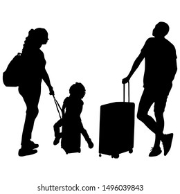 Vector silhouettes of tourists travelers. Young family mom, dad and daughter. A man with a suitcase. Woman with a backpack. The child is sitting on a suitcase.
