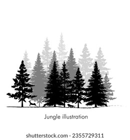 Vector silhouettes of trees, A vector view of jungle, A dense forest illustration