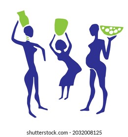 Vector silhouettes of tribal women with pots in simple flat syle. Abstract Ethnic style female figures in different poses. Image of cave people everyday life. Vector illustration.