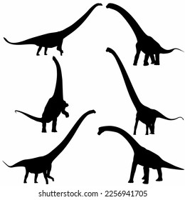 Vector silhouettes of triceratops or T-rex, brontosaurus or pterodactyl and stegosaurus, pteranodon or ceratosaurus and parasaurolophus reptile