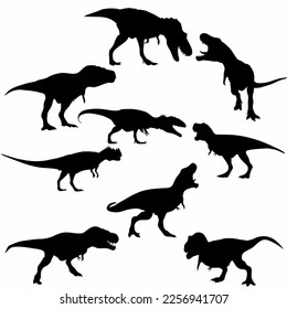 Vector silhouettes of triceratops or T-rex, brontosaurus or pterodactyl and stegosaurus, pteranodon or ceratosaurus and parasaurolophus reptile