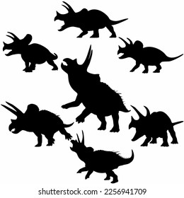 Vector silhouettes of triceratops or T-rex, brontosaurus or pterodactyl and stegosaurus, pteranodon or ceratosaurus and parasaurolophus reptile